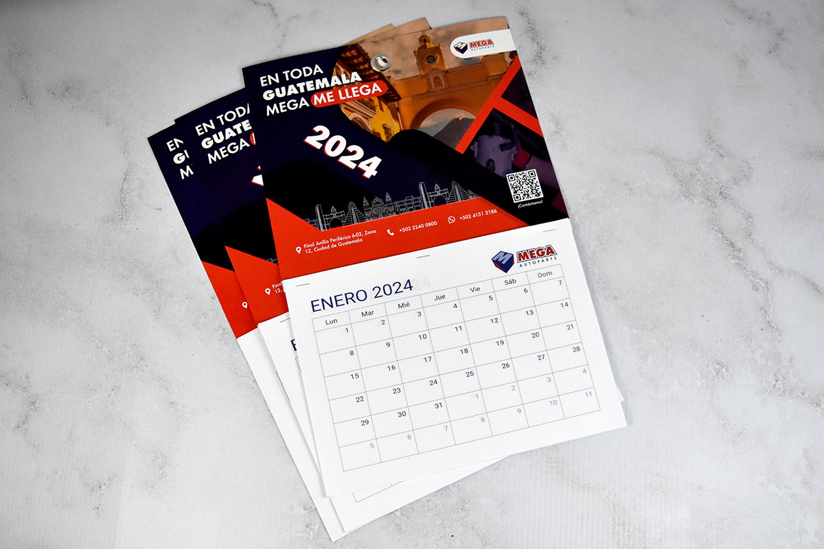 Millar de Calendario Corporativo con Ojete. Portada y Taco de 12 Meses. Medidas: 11x17 pulgadas