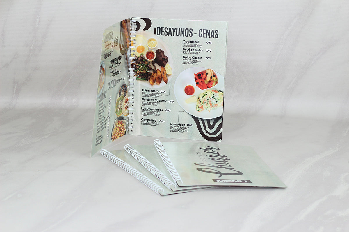 12 Menú Restaurantes Tamaño Carta Con Espiral Laminados Incluye: 6 HOJAS / 12 PAGINAS