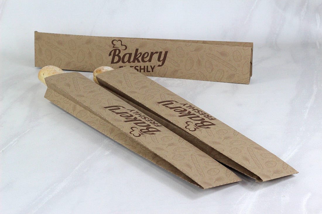 Ciento de Empaques para Pan Baguette Kraft o Bond Personalizadas Medidas: 9x55x5 cm.