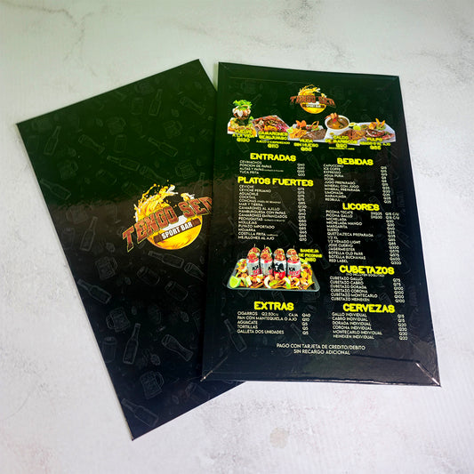 12 Menús Laminado Rígido Fabricado en Cartón Chip MEDIDAS: 8x13 pulgadas