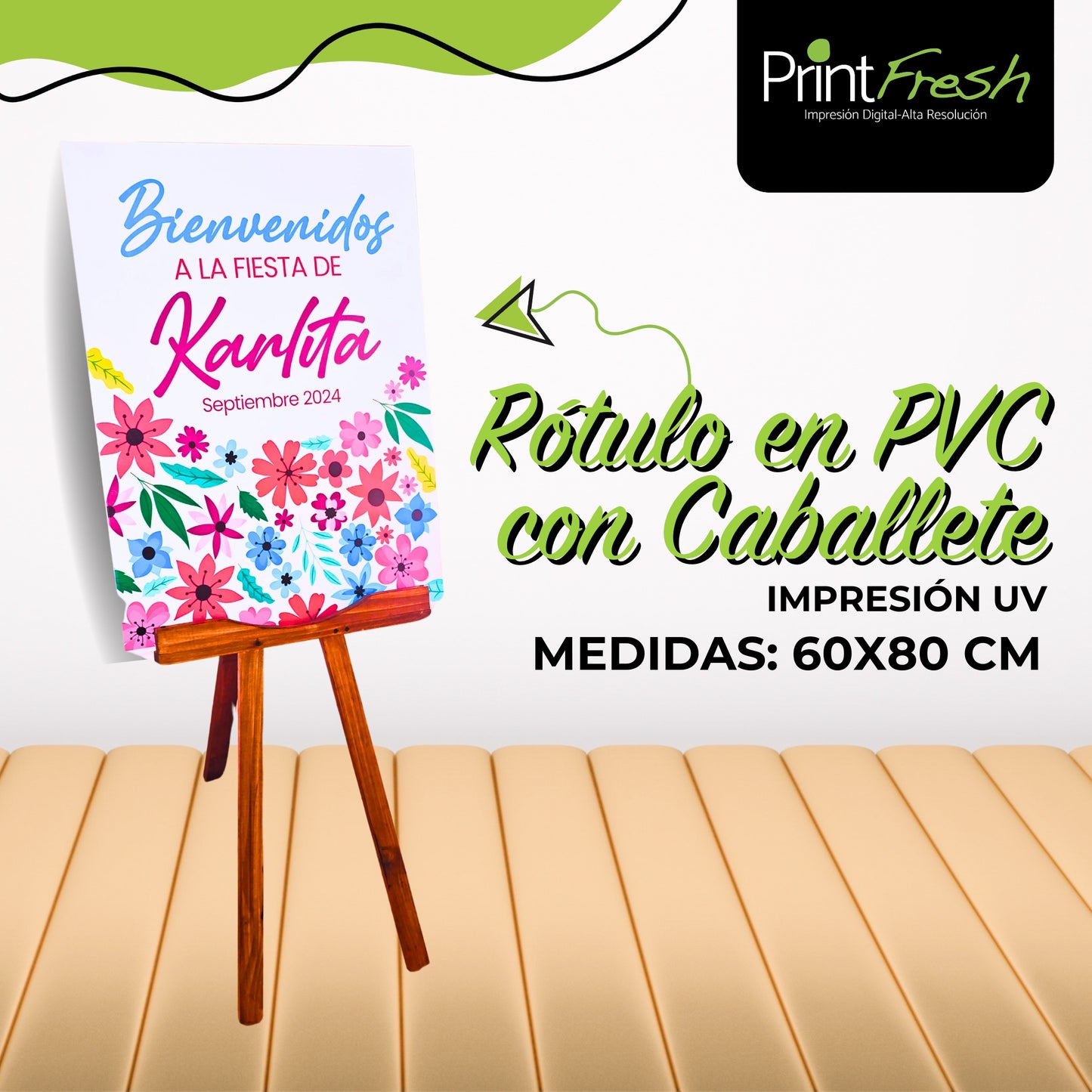 Rótulo para eventos impresión uv en PVC, con caballete de madera