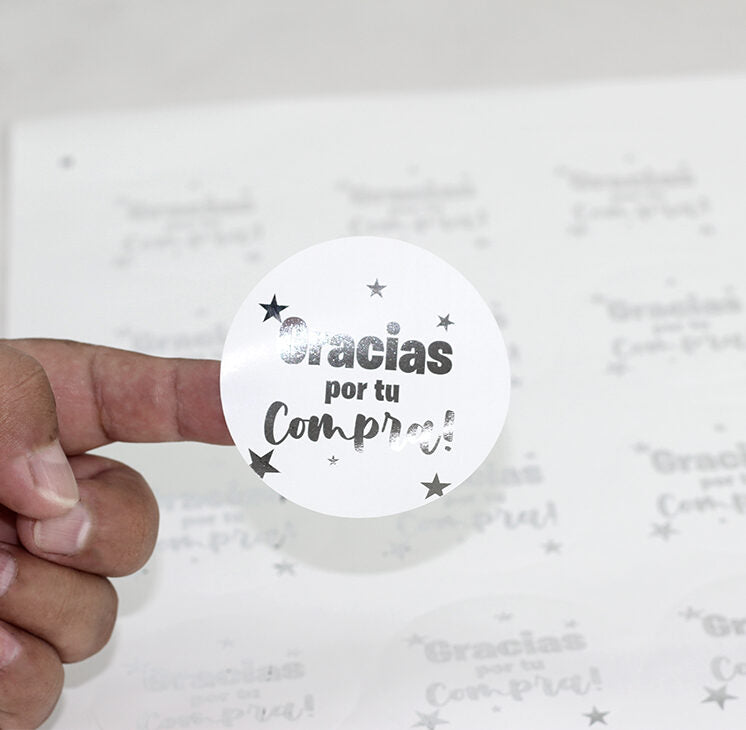 Ciento de Stickers Metalizados con Foil Plateado o Dorado, Medidas: 3 pulgadas círculares.