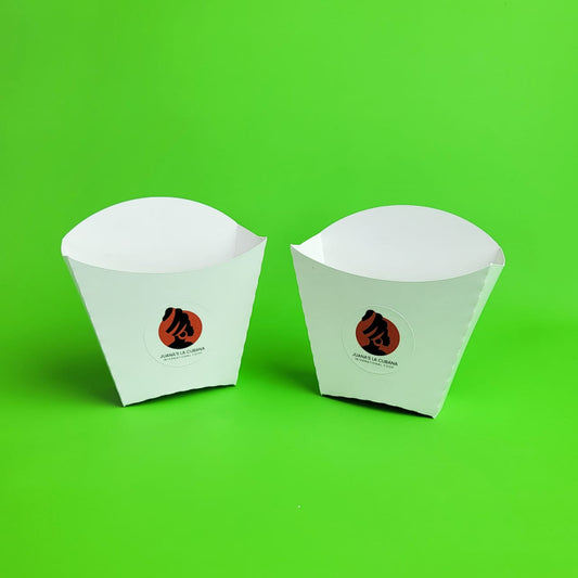 500 Cajas para Papas Medianas Blancas Con Sticker Medidas: 8.5X8X3.5CM