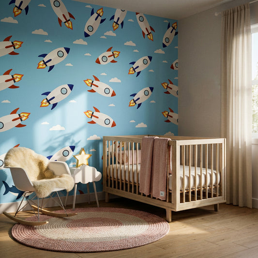 Vinil Decorativo (COHETES INFANTIL) Medida: Rollo 1x9.50 Metros. INCLUYE INSTALACIÓN GRATUITA EN CAPITAL.