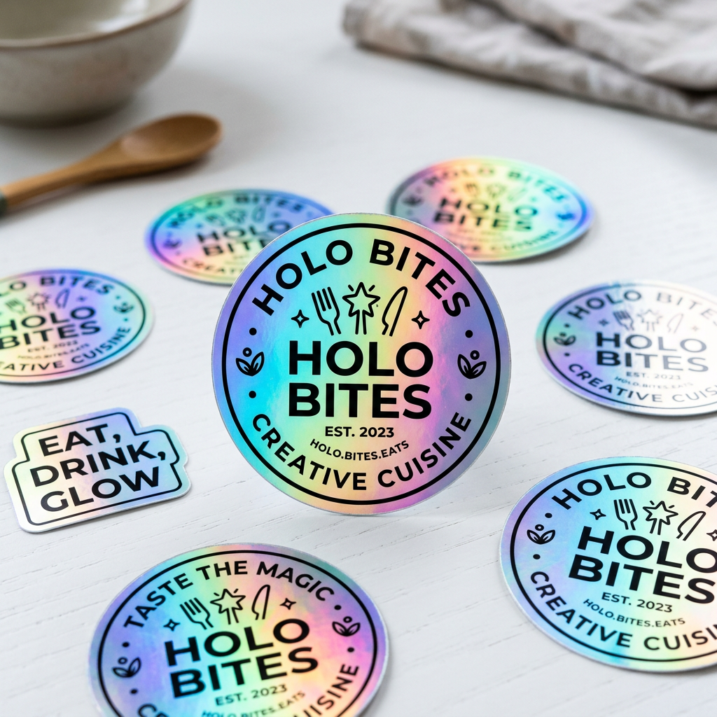 Ciento de Stickers Holográficos Personalizados Medidas: 2 pulgadas.