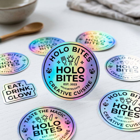 Ciento de Stickers Holográficos Personalizados Medidas: 2 pulgadas.