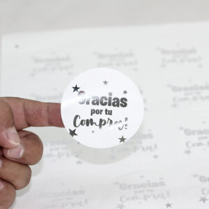 Ciento de Stickers Metalizados con Foil Plateado o Dorado, Medidas: 3 pulgadas círculares.